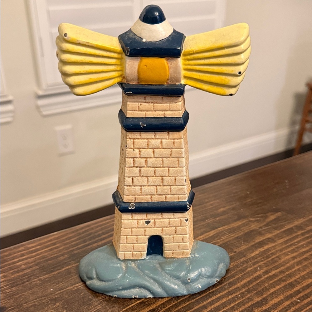 Cast Iron Lighthouse Doorstop with Yellow and Blue Accents